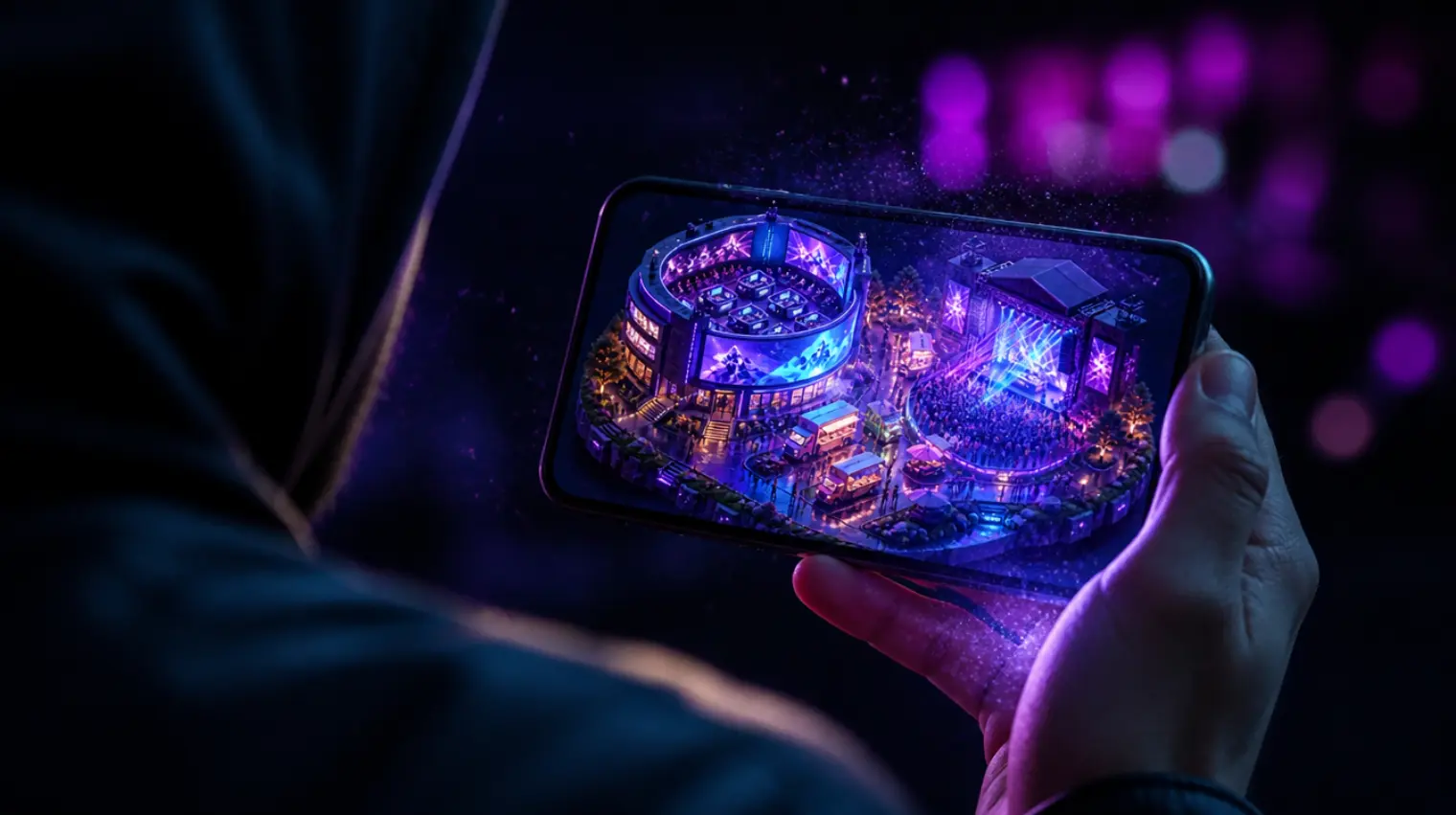 A hand holding a phone that shows the Vibrez universe as an isometric city
